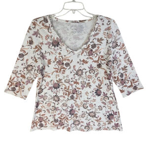 Pure Jill J. Jill Cream & Brown Floral Half Sleeve Knit Top Petite Small